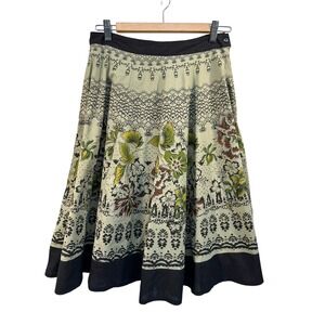 Miss‎ Cherry Olive Green Floral Filigree A-Line Midi Skirt Black Border Size 8